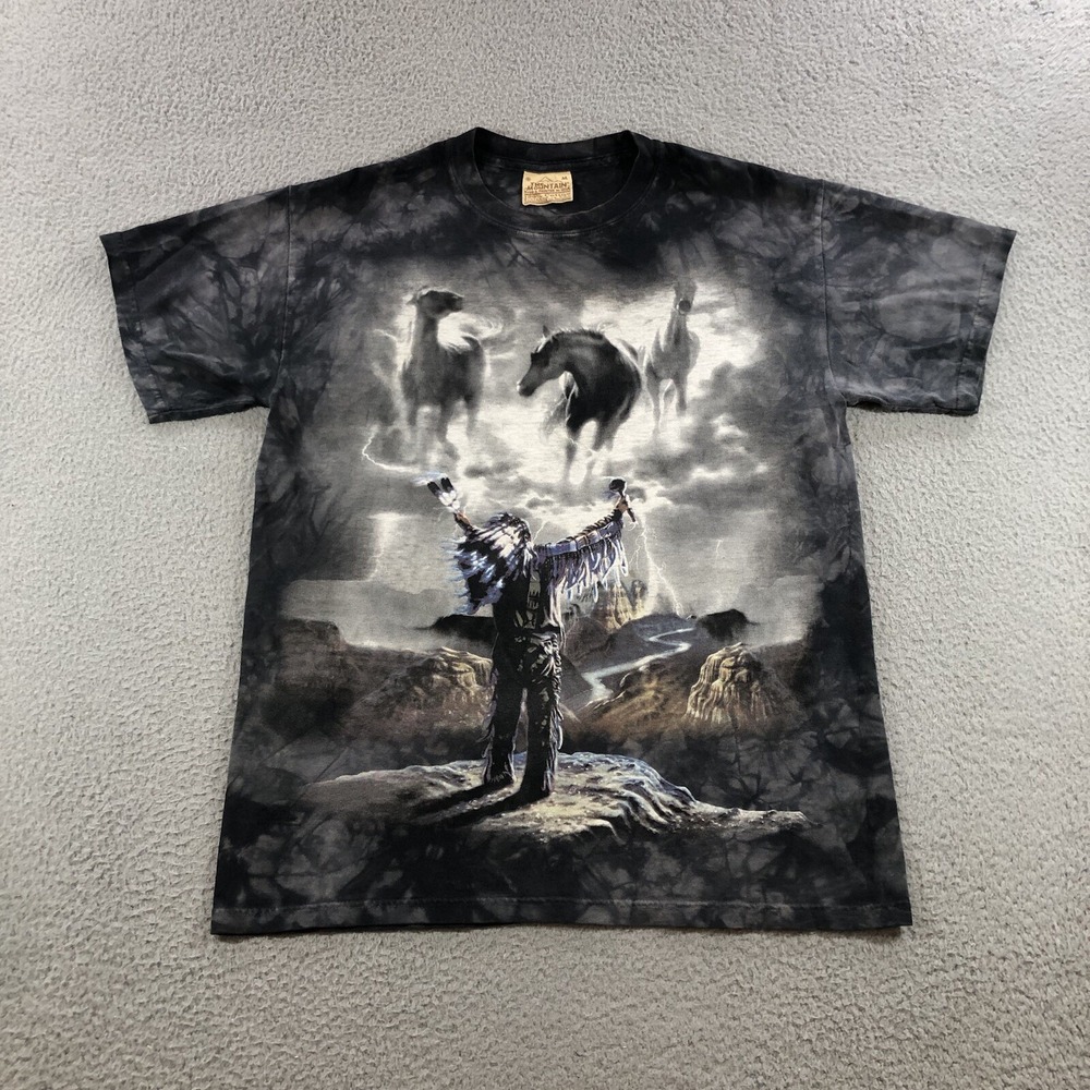 Vtg The Mountain Mens T-shirt L Gray Art Y2k David Bahrens Horse Indian AOP
